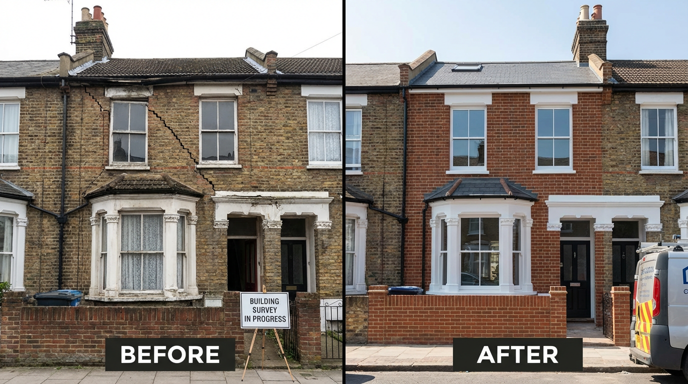 Split image showing structural cracks in a London Victorian terrace before and after repair following a Level 3 Building Survey