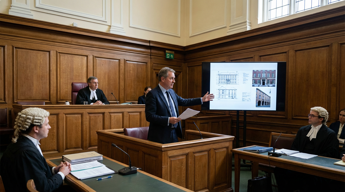 Expert witness building surveyor presenting technical evidence in a UK court