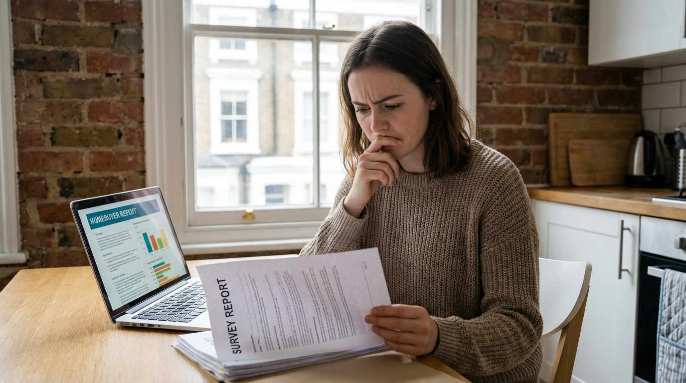 First-time buyer reviewing RICS Homebuyer Report on their laptop at a kitchen table in a London flat