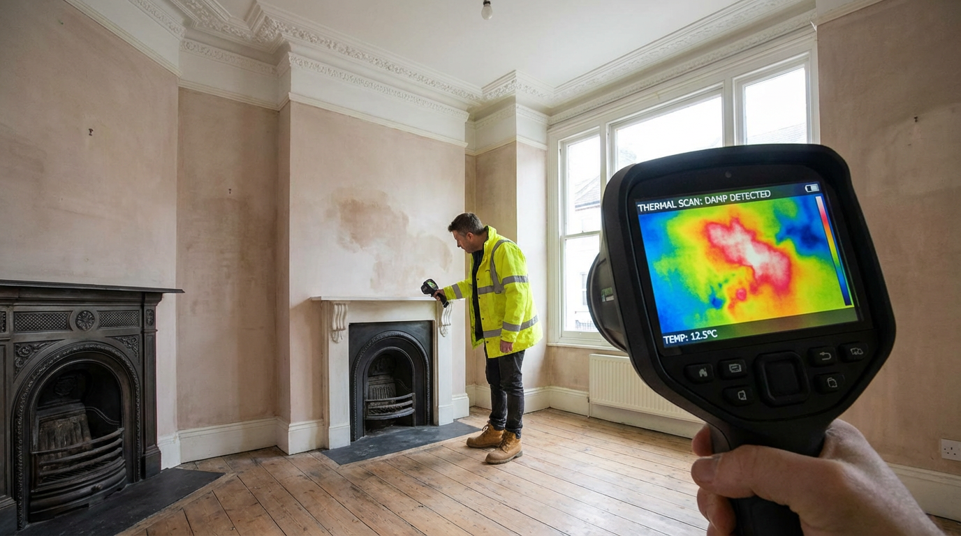 Thermal imaging camera being used by a surveyor to assess heat loss through the walls of a Victorian London terraced house