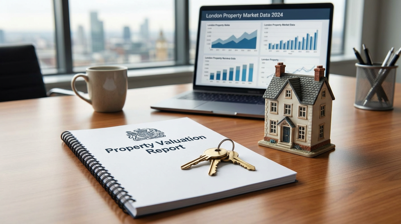 RICS valuation report with property keys and market data on a professional surveyor's office desk