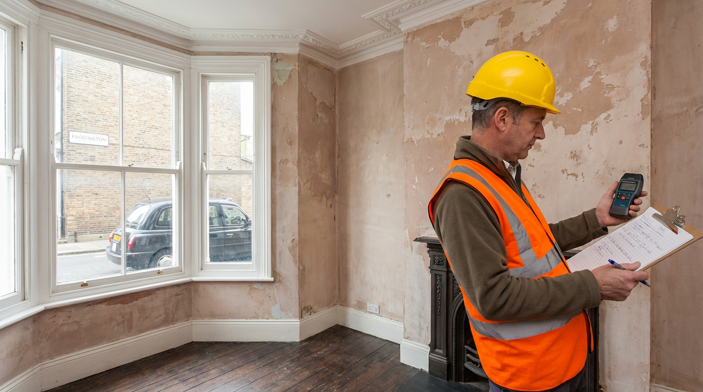 Building surveyor inspecting a property defect that could be used to renegotiate the purchase price