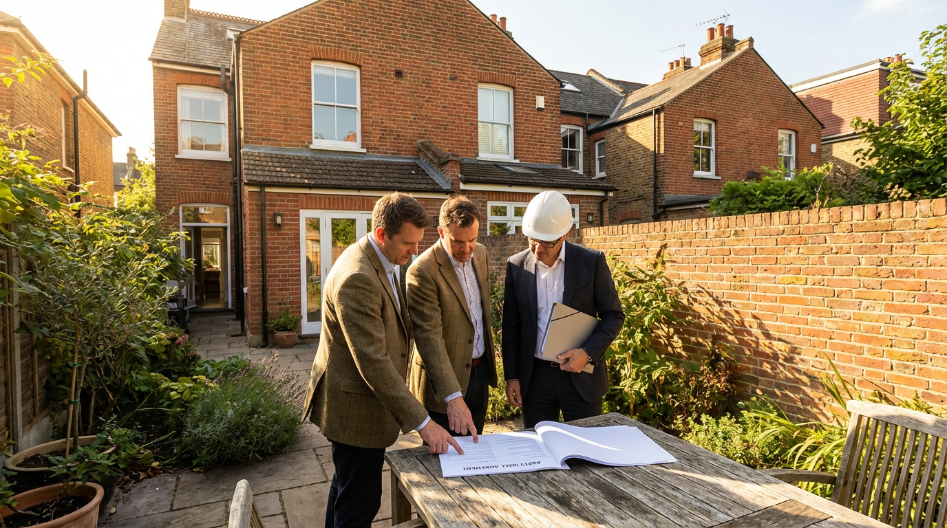 Surveyor explaining party wall agreement to two neighbours beside a London semi-detached property garden