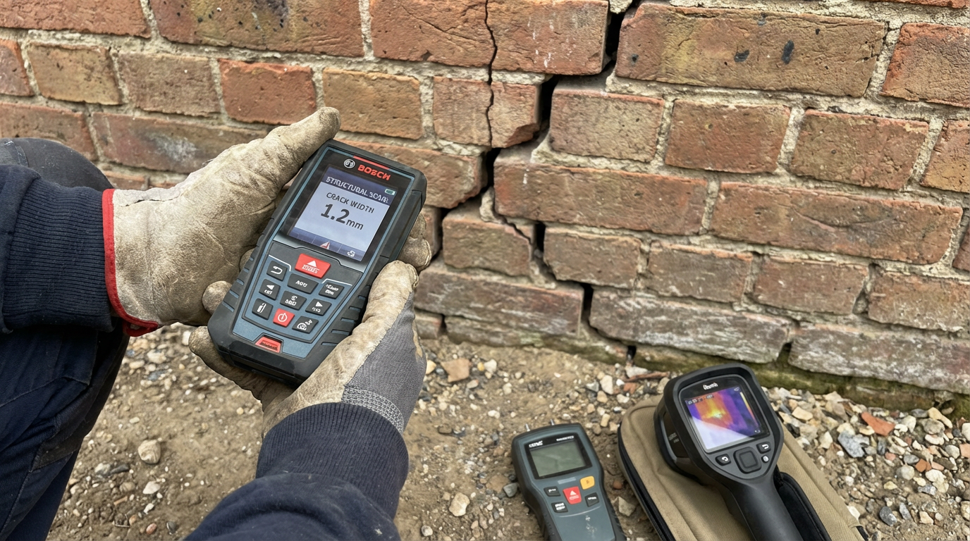 Professional survey equipment including moisture meters and crack monitors used for structural surveys in London